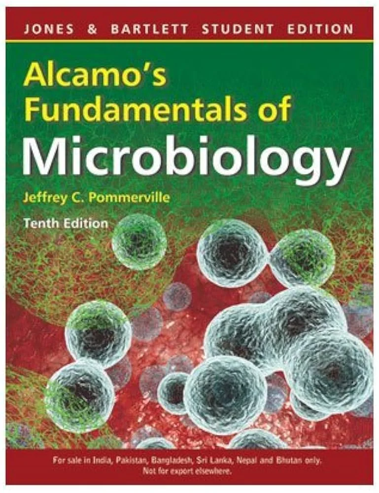 Cover of Alcamo’s Laboratory Fundamentals of Microbiology by Pommerville, a microbiology lab manual covering culturing, staining, and identification of microorganisms.
