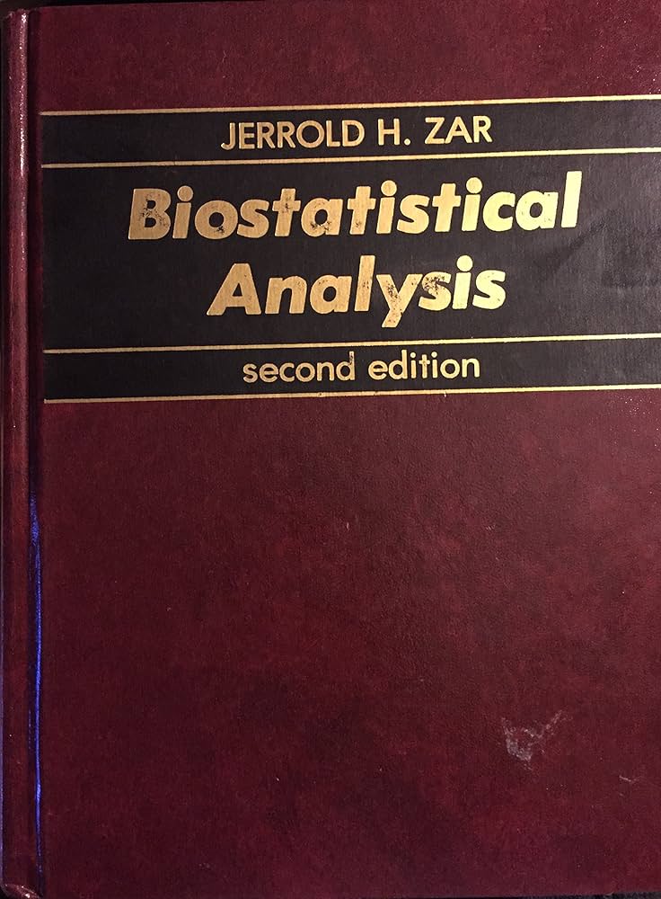 A biostatistics textbook titled “Biostatistical Analysis” by J.H. Zar, covering statistical methods such as regression, ANOVA, and hypothesis testing for biological sciences.