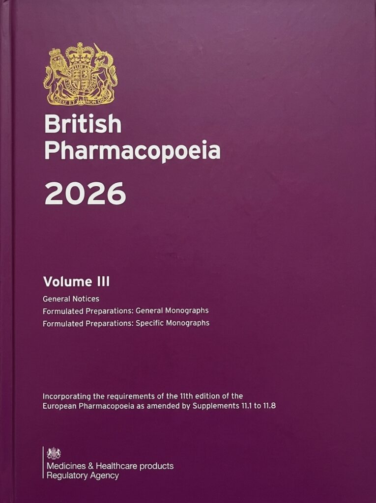 A regulatory reference book titled “British Pharmacopoeia” published by the Medicines and Healthcare products Regulatory Agency (MHRA), containing official standards for medicines quality and testing.