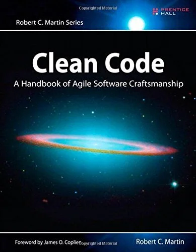 Cover of "Clean Code: A Handbook of Agile Software Craftsmanship" by Robert C. Martin, featuring a white cover with a colorful pixelated design and the title in blue text.