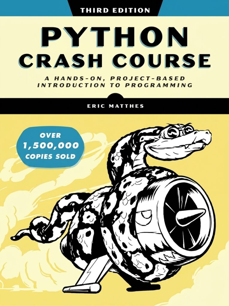 Cover of Python Crash Course by Eric Matthes, a beginner-friendly programming book teaching Python fundamentals and project-based learning.