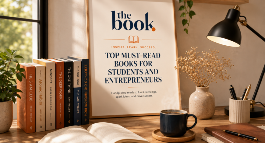 A modern reading workspace featuring inspiring books, a framed book poster, a coffee mug, and elegant desk decor.