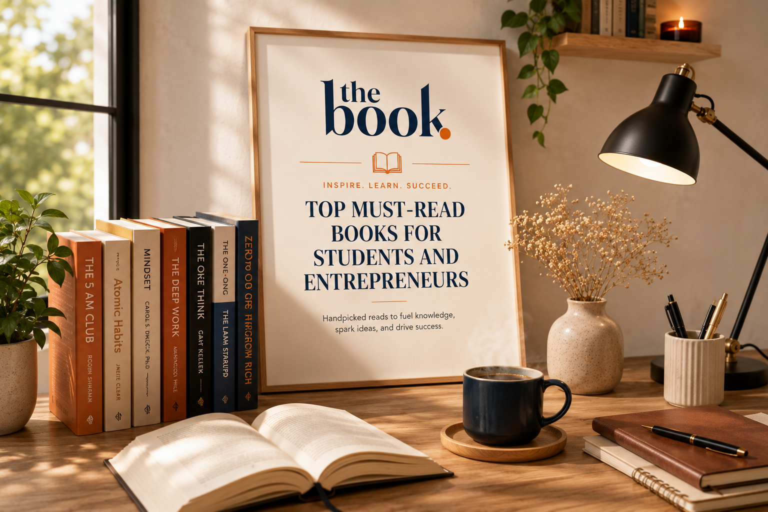 A modern reading workspace featuring inspiring books, a framed book poster, a coffee mug, and elegant desk decor.