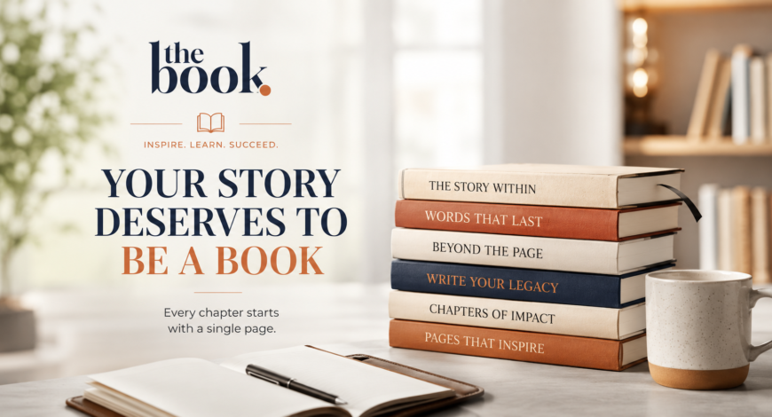 A professionally designed promotional banner featuring a bright modern reading workspace with a stack of elegant books, an open notebook, a coffee mug, and a blurred bookshelf in the background. The center displays the message "Your Story Deserves to Be a Book" with the tagline "Every chapter starts with a single page," alongside The Book logo in a clean, premium layout.